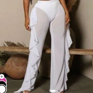 FASHION NOVA See Through Cover Up Pants  White, Sheer, Ruffle, Swim, Small NWT